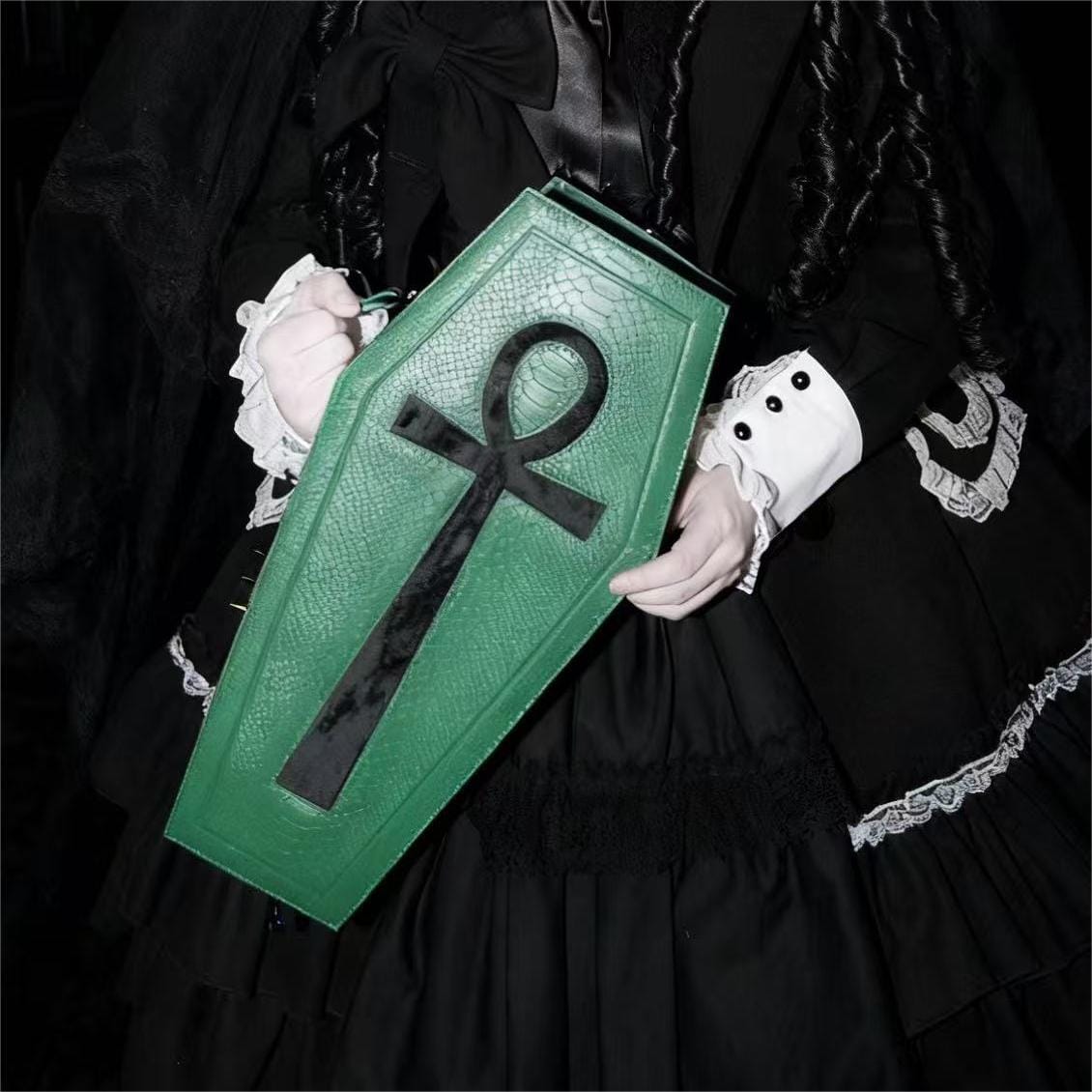 Punk Design Women's Gothic Cross Bat Wing Coffin Bag Green