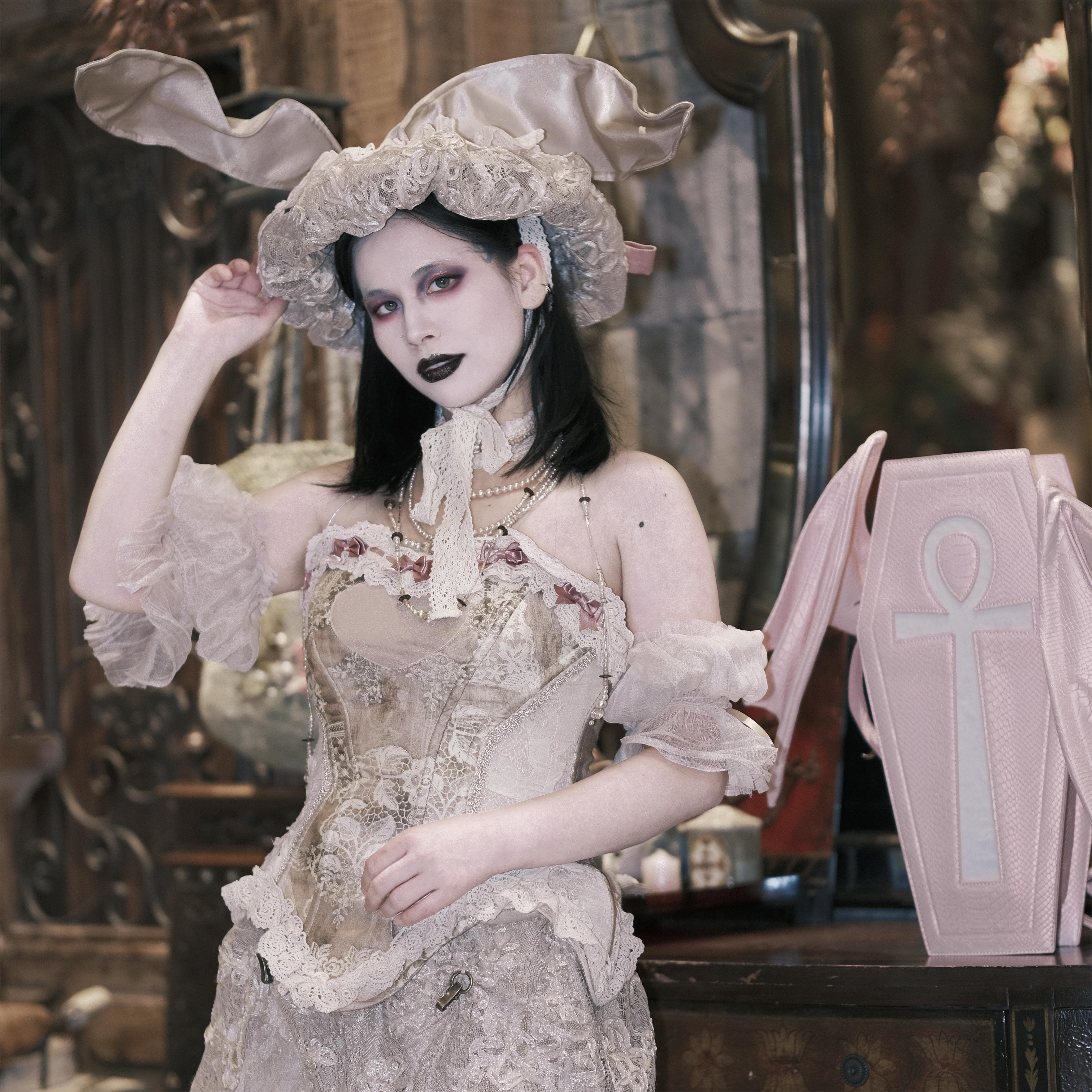 Punk Design Women's Gothic Cross Bat Wing Coffin Bag Pink