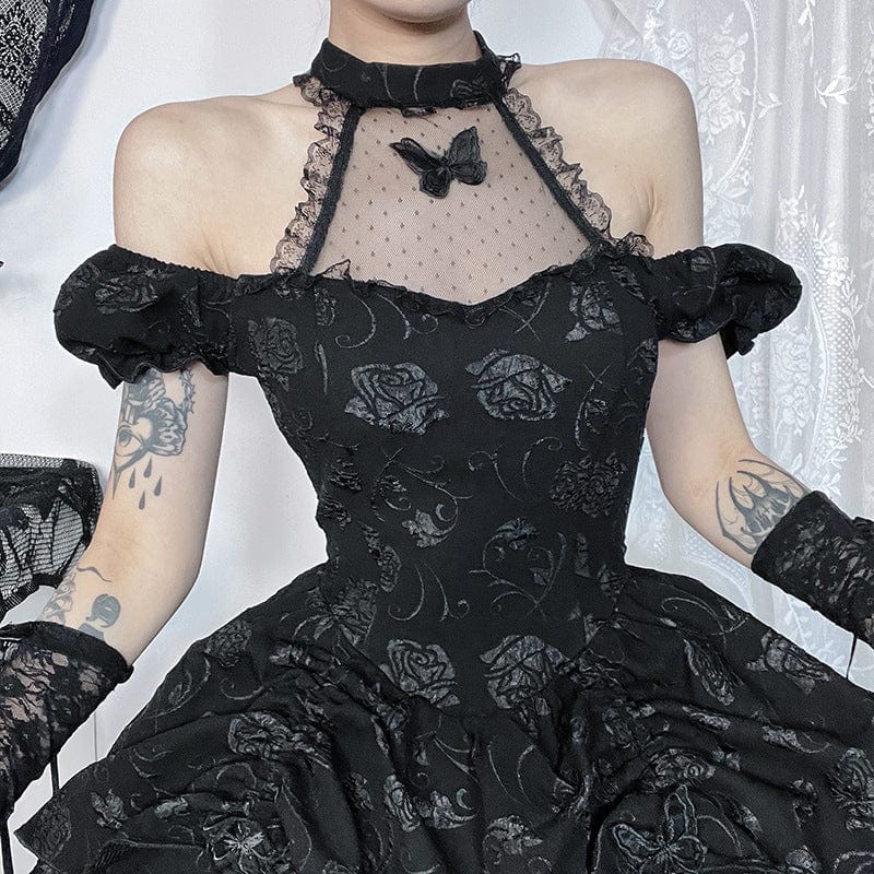 Punk Design Women's Gothic Off-the-shoulder Rose Layered Party Dress