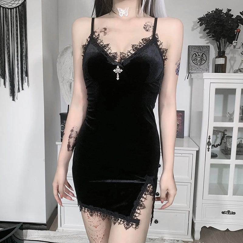 Punk Design Women's Gothic Plunging Lace Splice Velvet Slip Dress