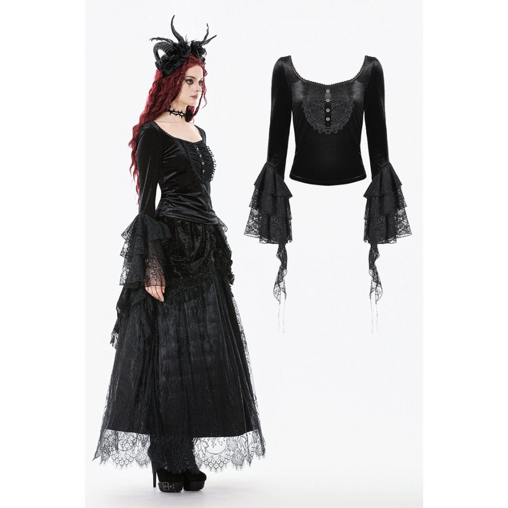 Punk Design Women's Gothic Square-cut Collar Flared Sleeved Velvet Top