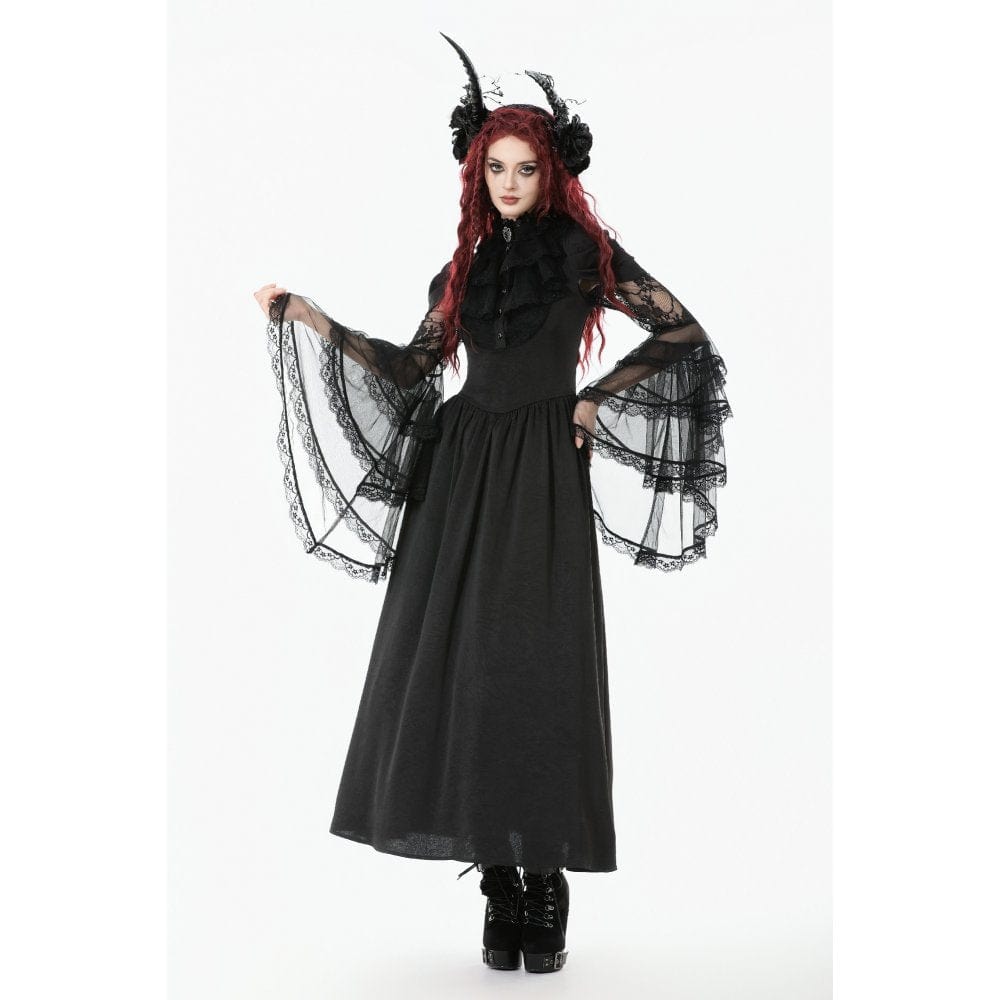 Punk Design Women's Gothic Stand Collar Ruffled Mesh Flared Sleeved Dress