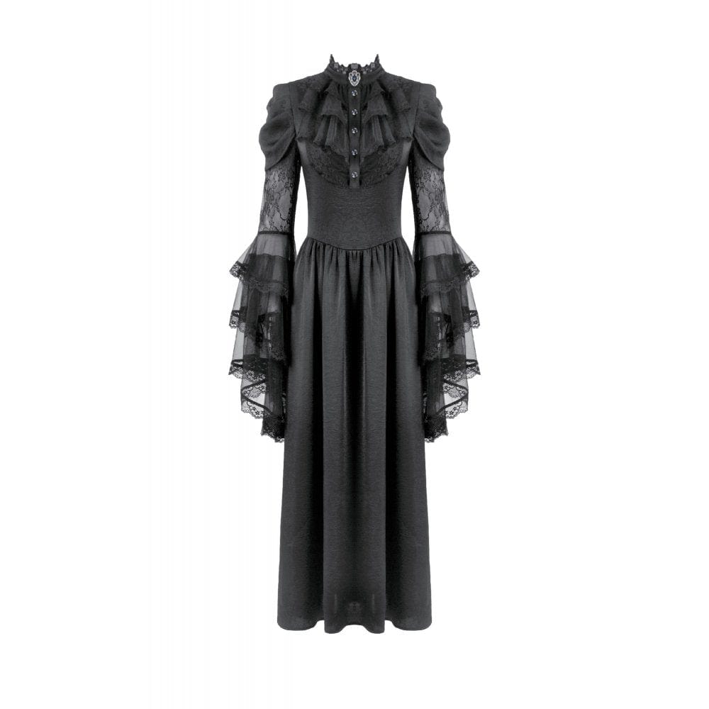 Punk Design Women's Gothic Stand Collar Ruffled Mesh Flared Sleeved Dress