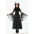 Punk Design Women's Gothic Stand Collar Ruffled Mesh Flared Sleeved Dress
