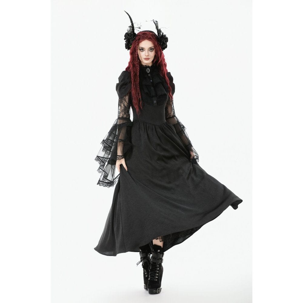 Punk Design Women's Gothic Stand Collar Ruffled Mesh Flared Sleeved Dress