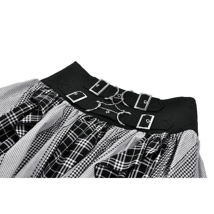 Punk Design Women's Grunge Buckle Strap Irregular Plaid Patchwork Skirt