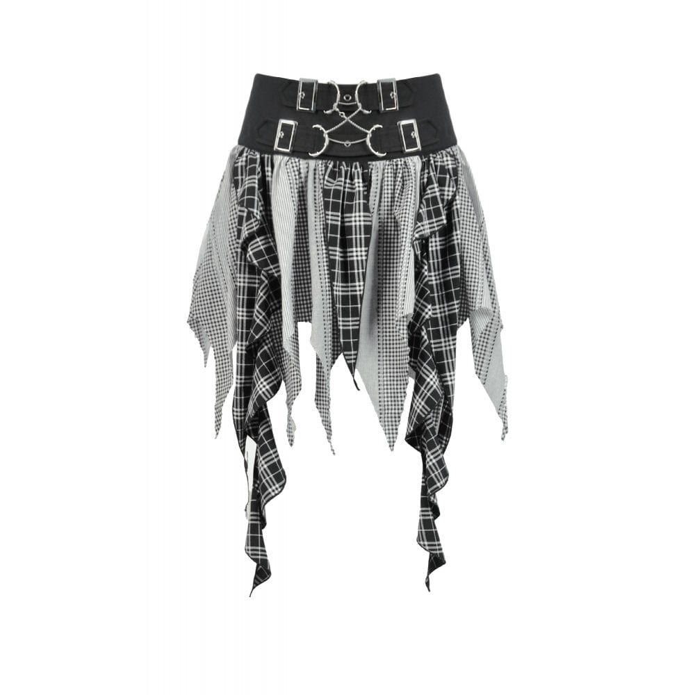 Punk Design Women's Grunge Buckle Strap Irregular Plaid Patchwork Skirt