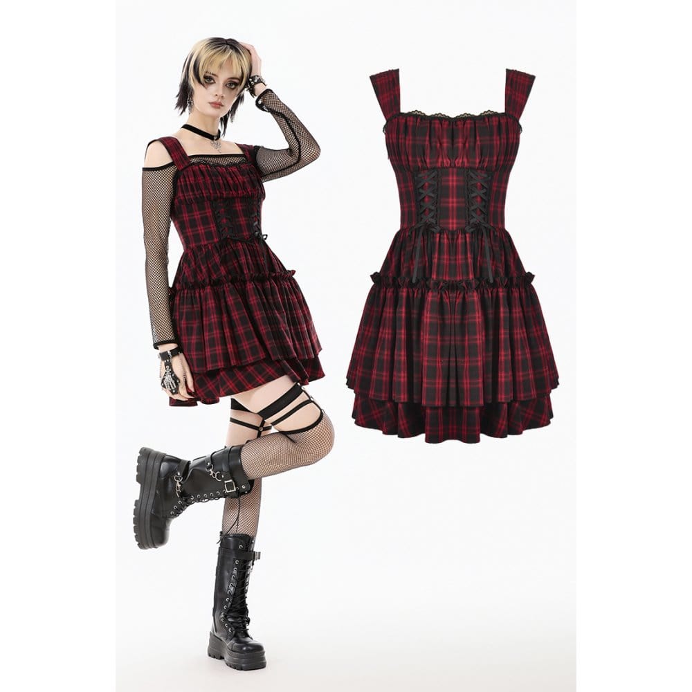 Punk Design Women's Grunge Lace-up Ruched Plaid Cake Dress