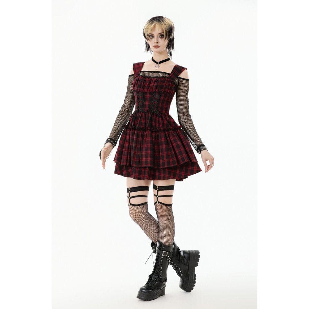 Punk Design Women's Grunge Lace-up Ruched Plaid Cake Dress