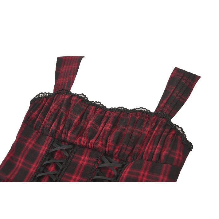 Punk Design Women's Grunge Lace-up Ruched Plaid Cake Dress