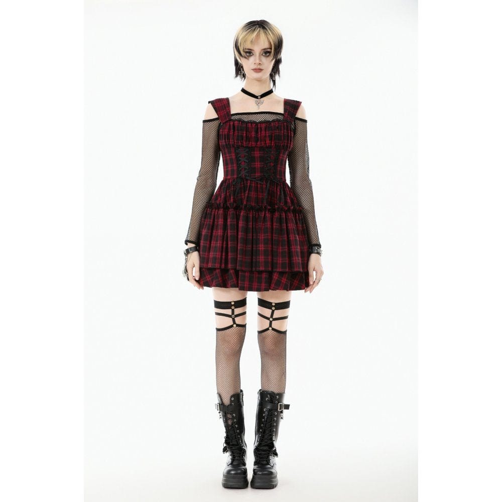Punk Design Women's Grunge Lace-up Ruched Plaid Cake Dress
