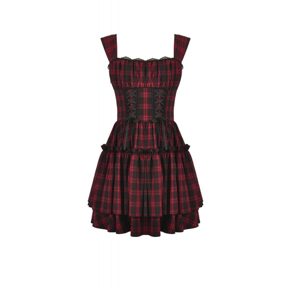 Punk Design Women's Grunge Lace-up Ruched Plaid Cake Dress