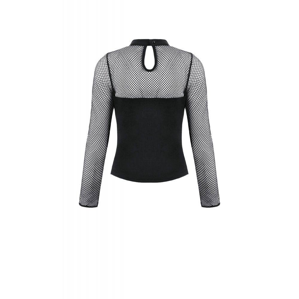 Punk Design Women's Punk Cut-out Buckle Strap Mesh Splice Top