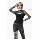 Punk Design Women's Punk Cut-out Buckle Strap Mesh Splice Top