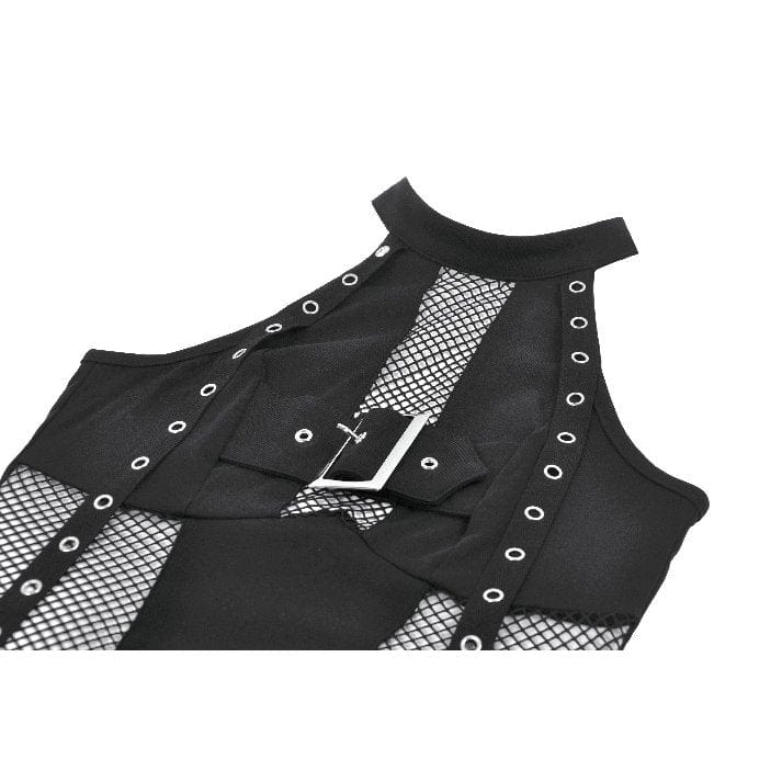 Punk Design Women's Punk Eyelet Strap Halterneck Mesh Panel Top