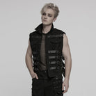 PUNK RAVE Men's Cyberpunk Buckle Straps Mesh Splice Studded Vest