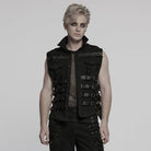 PUNK RAVE Men's Cyberpunk Buckle Straps Mesh Splice Studded Vest