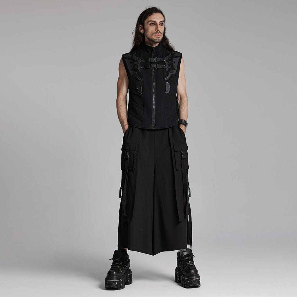 PUNK RAVE Men's Cyberpunk Buckle-up Big-pocket Pants