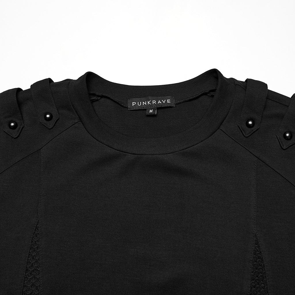 PUNK RAVE Men's Cyberpunk Cut-out Mesh Splice T-shirt