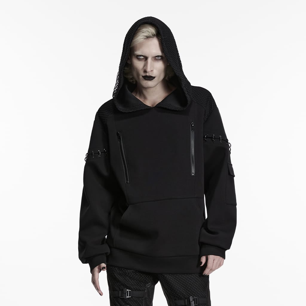 PUNK RAVE Men's Cyberpunk D-rings Zips Hoodie