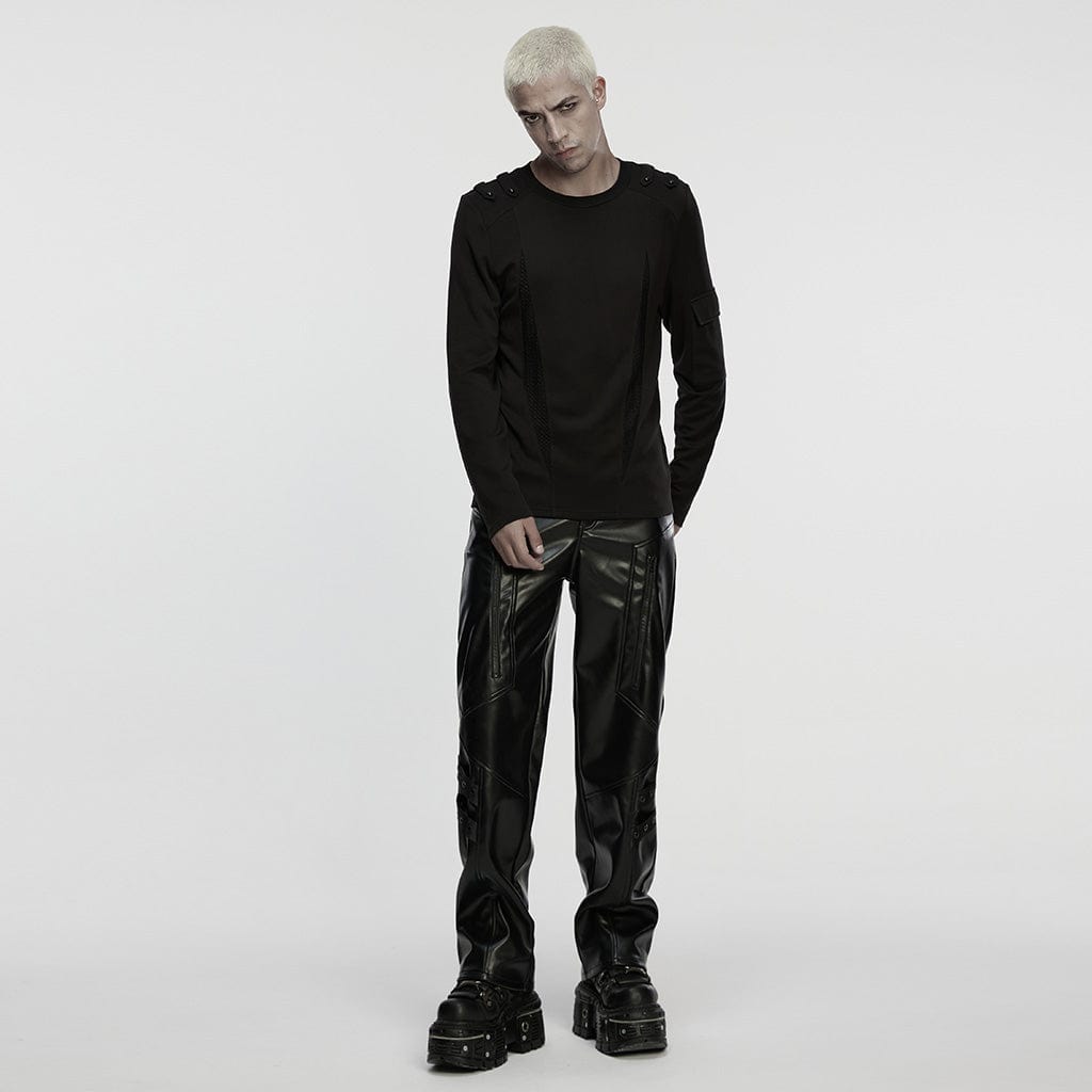 PUNK RAVE Men's Cyberpunk Eyelet Strap Zip Faux Leather Pants