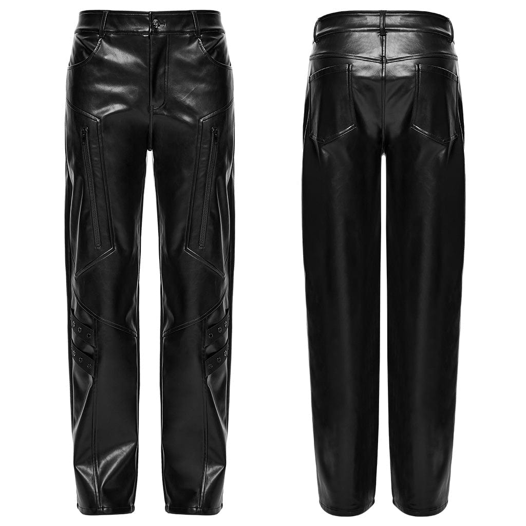 PUNK RAVE Men's Cyberpunk Eyelet Strap Zip Faux Leather Pants