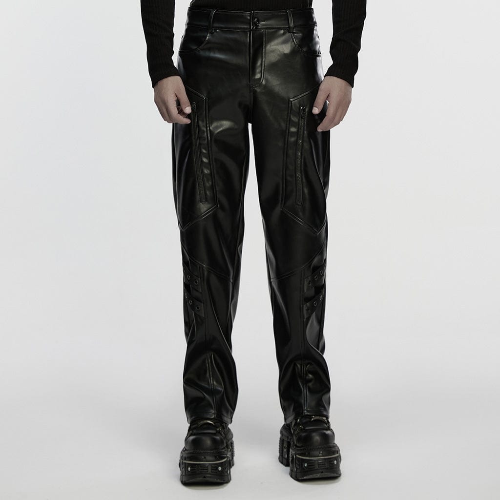 Men's Cyberpunk Eyelet Strap Zip Faux Leather Pants – Punk Design