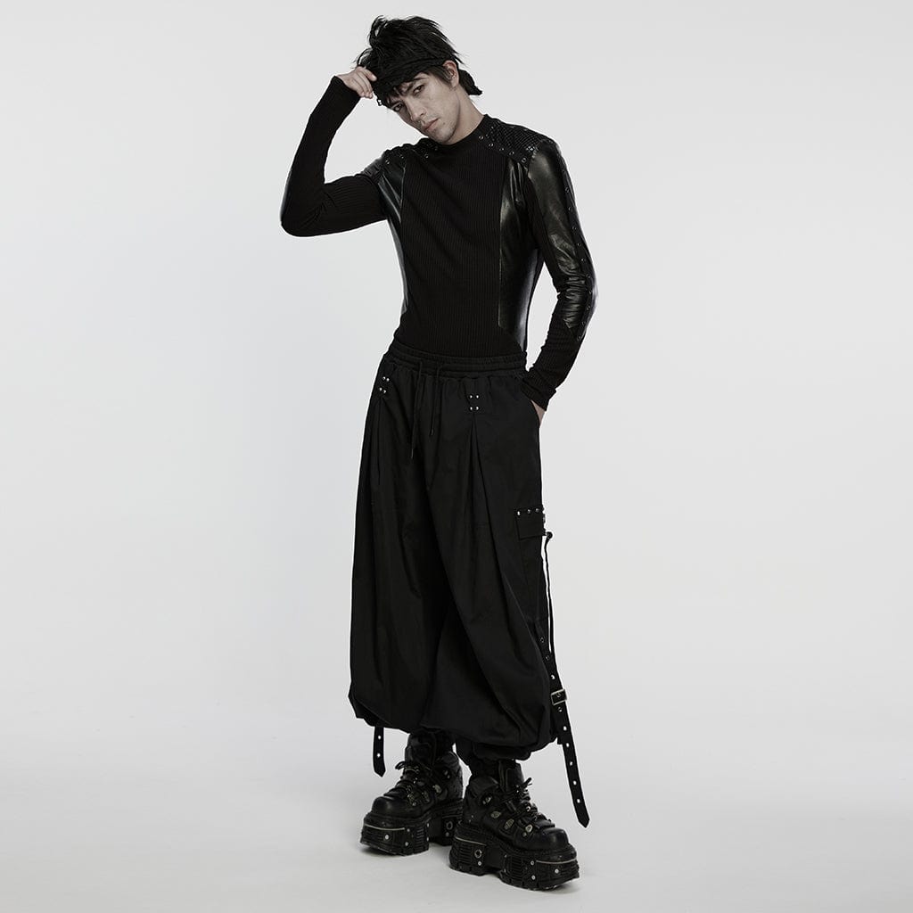 PUNK RAVE Men's Cyberpunk Eyelets Splice Long Sleeved T-shirt