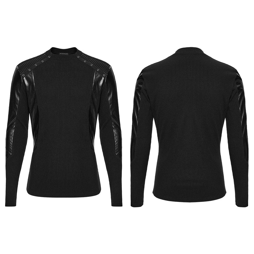 PUNK RAVE Men's Cyberpunk Eyelets Splice Long Sleeved T-shirt