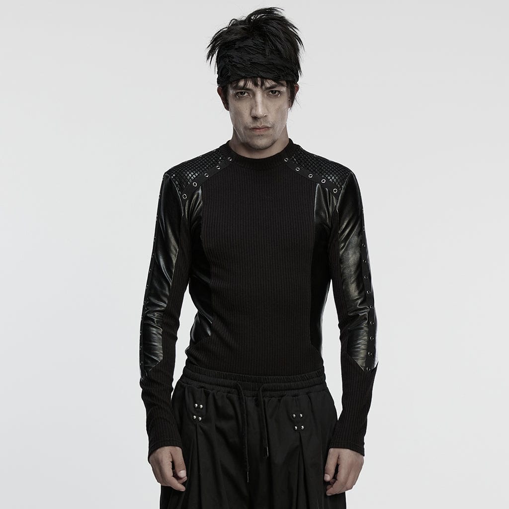 PUNK RAVE Men's Cyberpunk Eyelets Splice Long Sleeved T-shirt