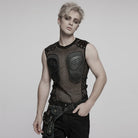 PUNK RAVE Men's Cyberpunk Faux Leather Splice  Mesh Sheer Vest