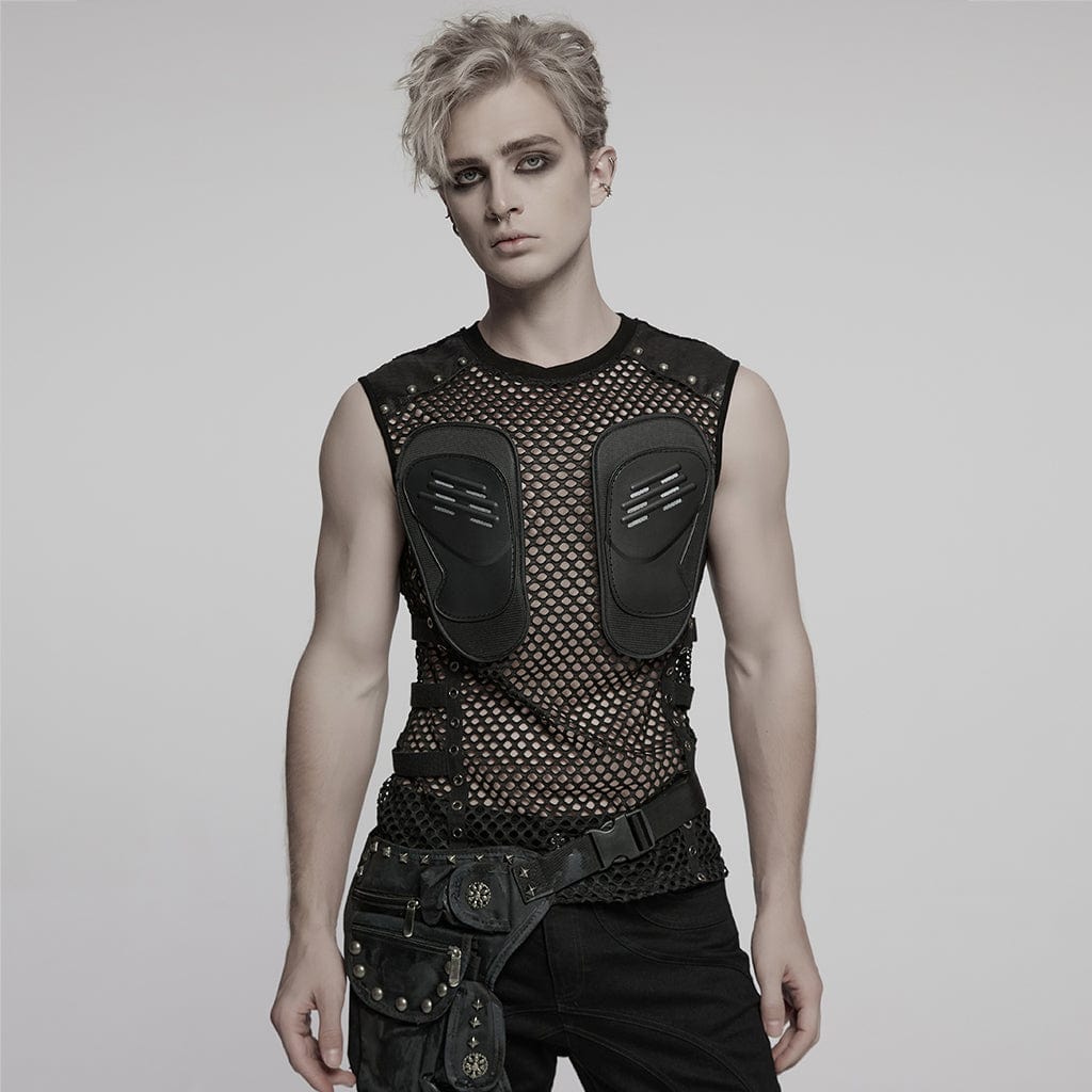 トップス Design Mesh Vest Men's Cyberpunk Faux Leather Splice Mesh Sheer Vest – Punk Design