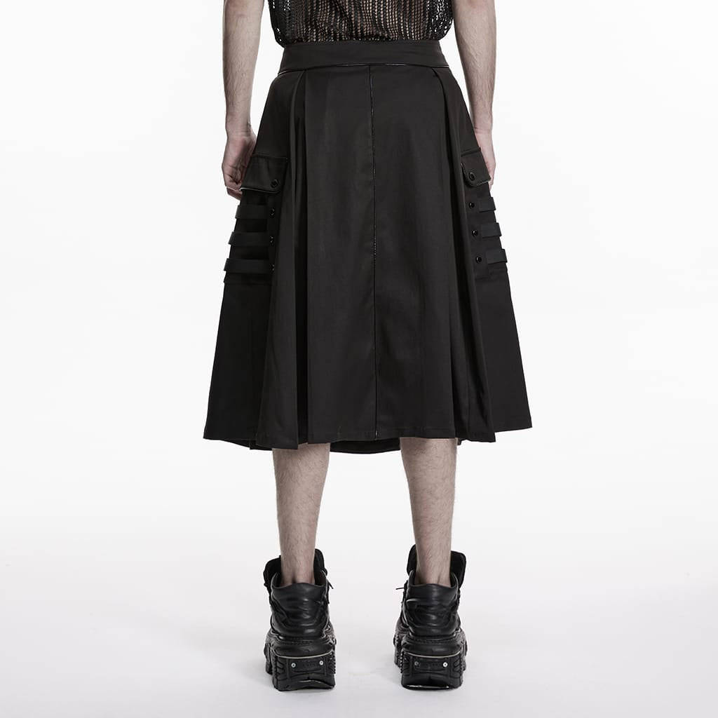 PUNK RAVE Men's Cyberpunk Rivets Big Pockets Pleated Skirt