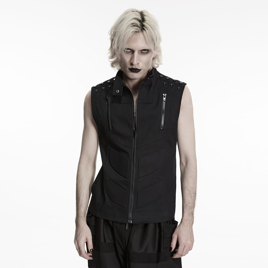 PUNK RAVE Men's Cyberpunk Skull Rivet Zip Vest