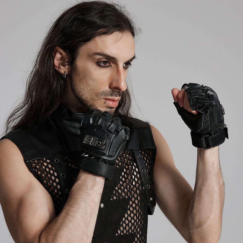 PUNK RAVE Men's Cyberpunk Spike Mesh Shell Gloves