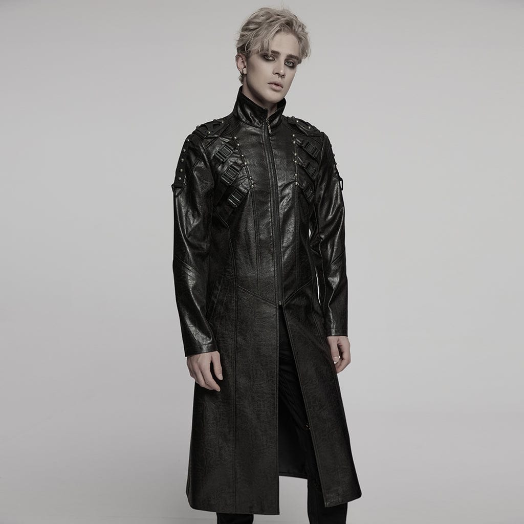 00s PUNK anarchy Royce Raslyレザー コート メンズ サイバーパンク スタンドカラー バックル フェイクレザーコート