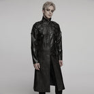 PUNK RAVE Men's Cyberpunk Stand Collar Buckle Faux Leather Coat