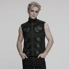 PUNK RAVE Men's Cyberpunk Stand Collar  Faux Leather Splice Mesh Vest