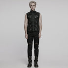 PUNK RAVE Men's Cyberpunk Stand Collar  Faux Leather Splice Mesh Vest