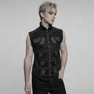 PUNK RAVE Men's Cyberpunk Stand Collar  Faux Leather Splice Mesh Vest