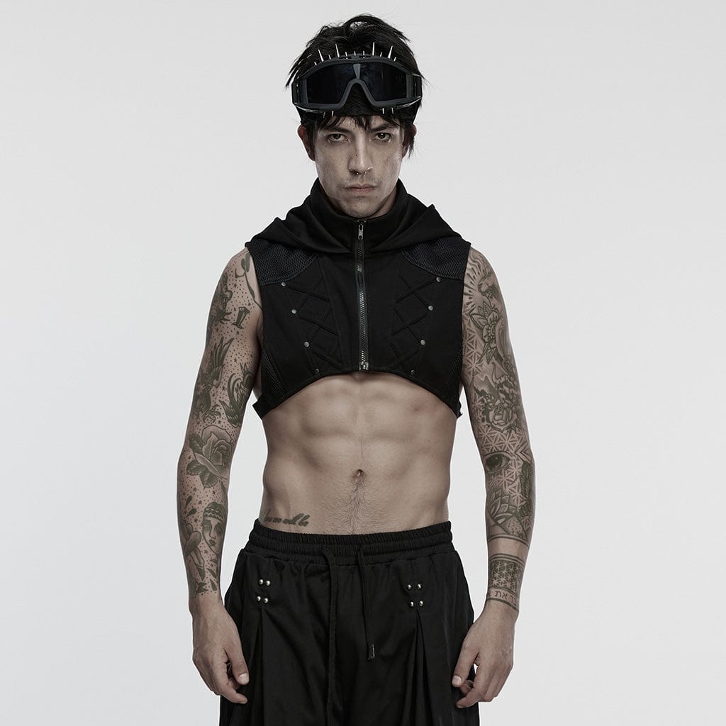 PUNK RAVE Men's Cyberpunk Stand Collar Zip Hooded Short Vest
