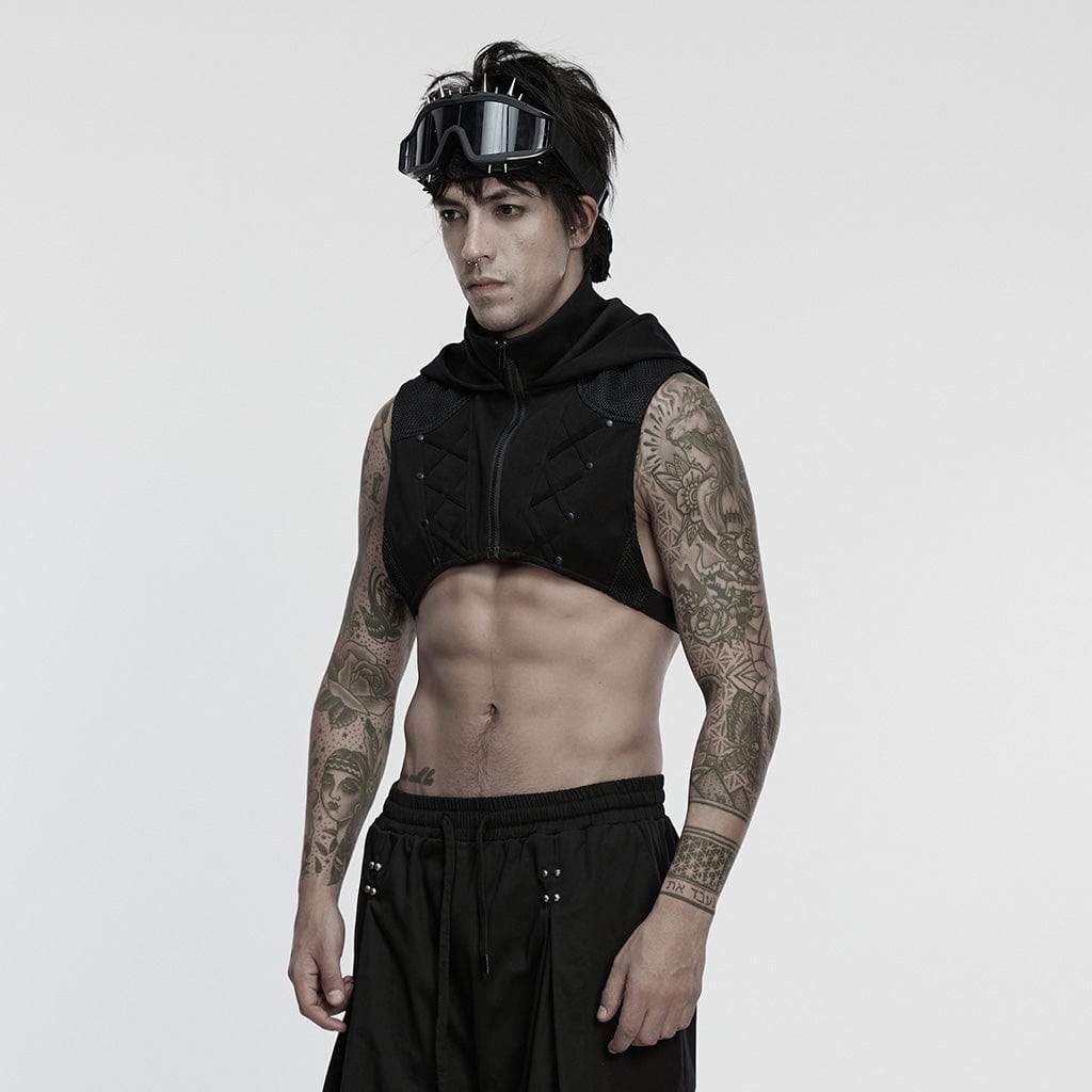 PUNK RAVE Men's Cyberpunk Stand Collar Zip Hooded Short Vest
