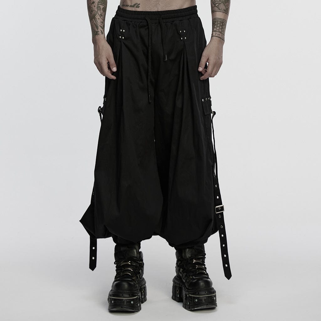 PUNK RAVE Men's Cyberpunk Strappy Rivets Cuffed Pants