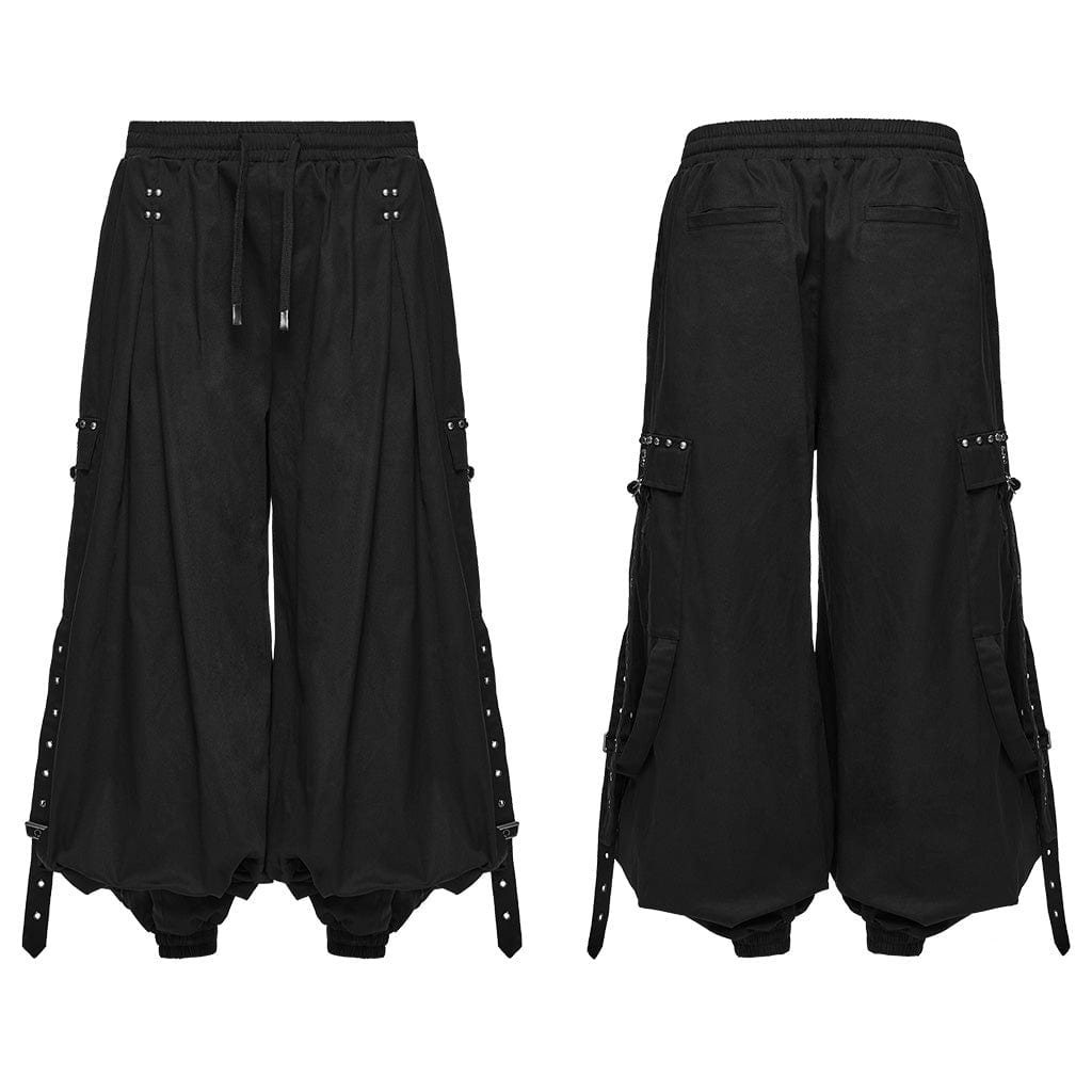 PUNK RAVE Men's Cyberpunk Strappy Rivets Cuffed Pants