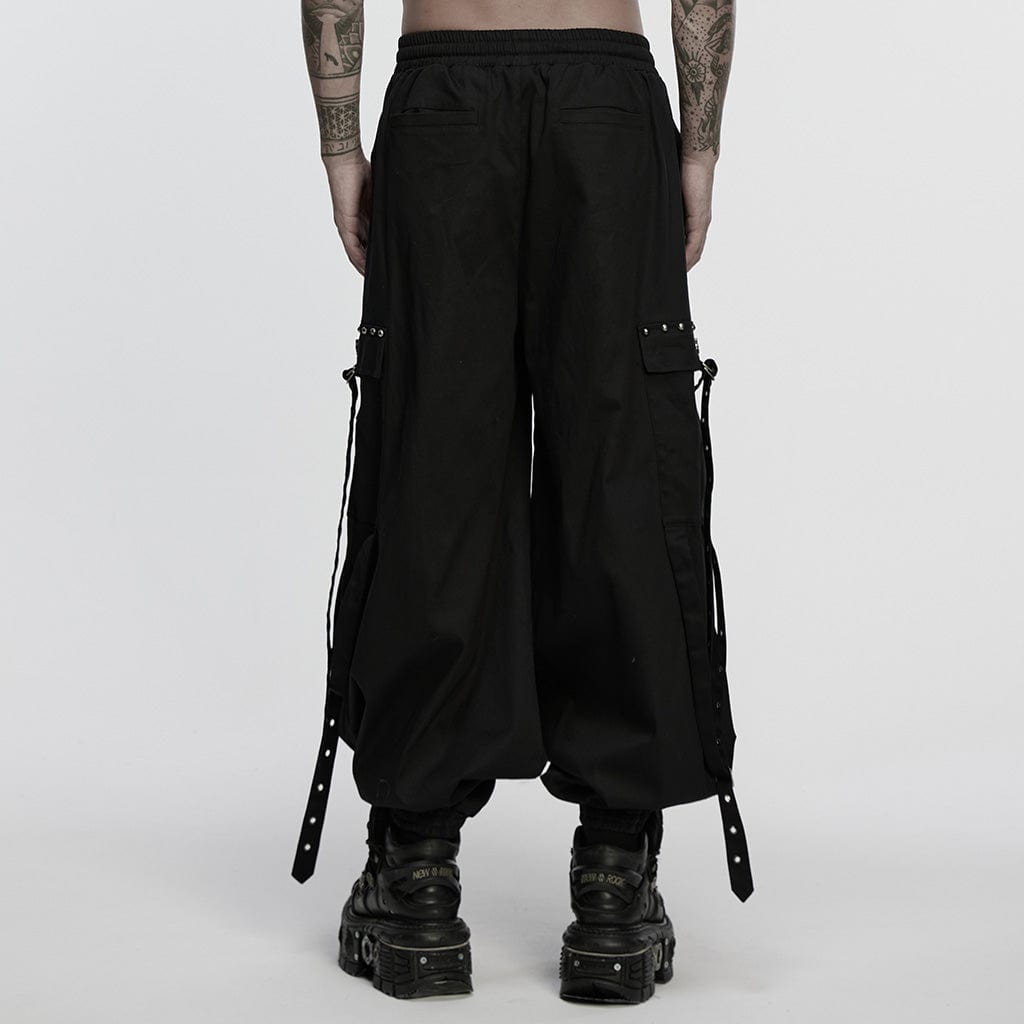 PUNK RAVE Men's Cyberpunk Strappy Rivets Cuffed Pants