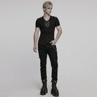 PUNK RAVE Men's Cyberpunk V-neck Rubber Patched T-shirt