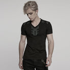 PUNK RAVE Men's Cyberpunk V-neck Rubber Patched T-shirt