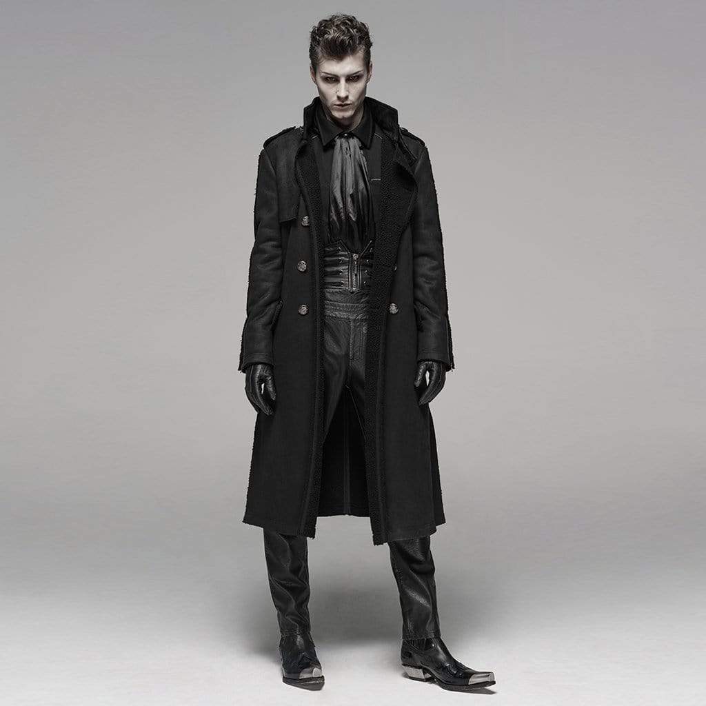 PUNK RAVE Men's Goth Military Style Double-breasted Long Coat