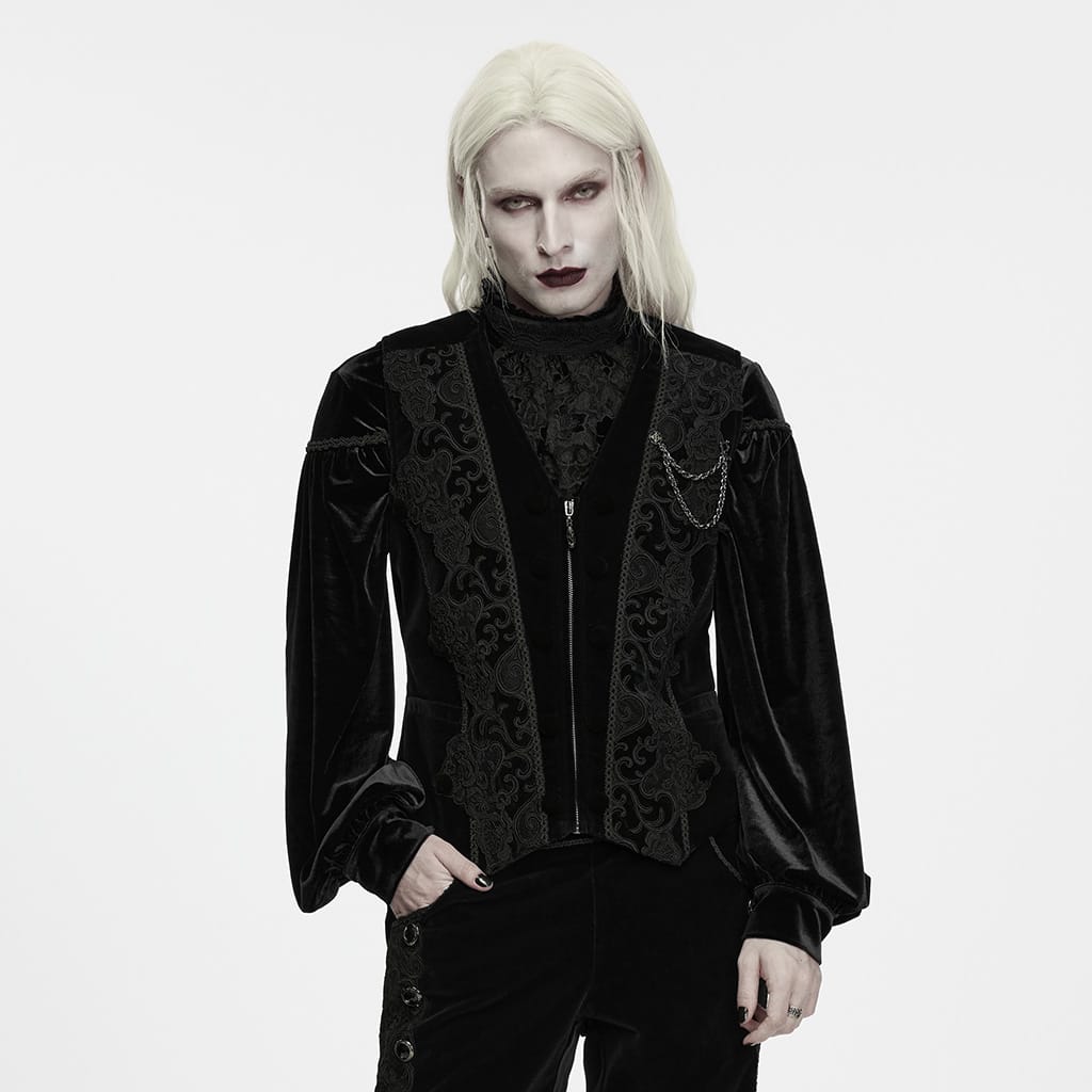 PUNK RAVE Men's Gothic Applique Chain Front Zipper Waistcoat Black