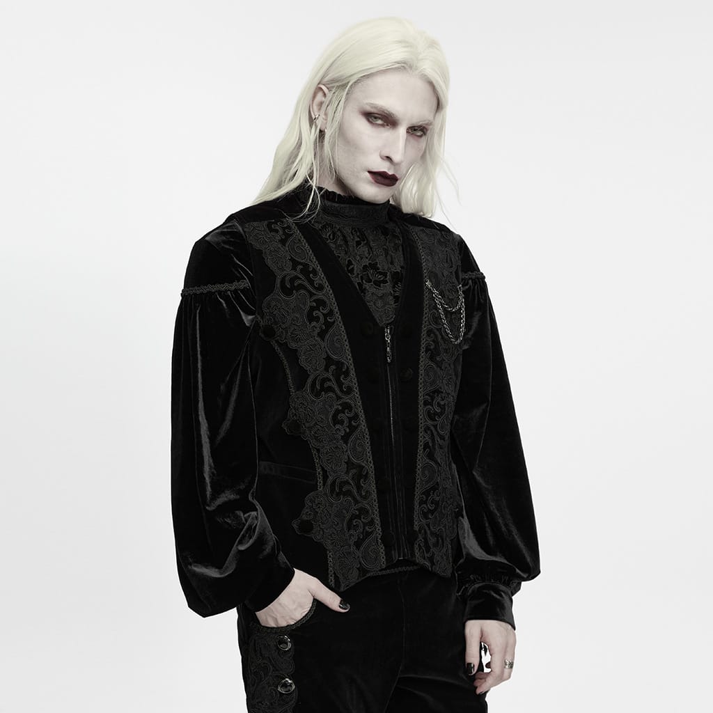 PUNK RAVE Men's Gothic Applique Chain Front Zipper Waistcoat Black